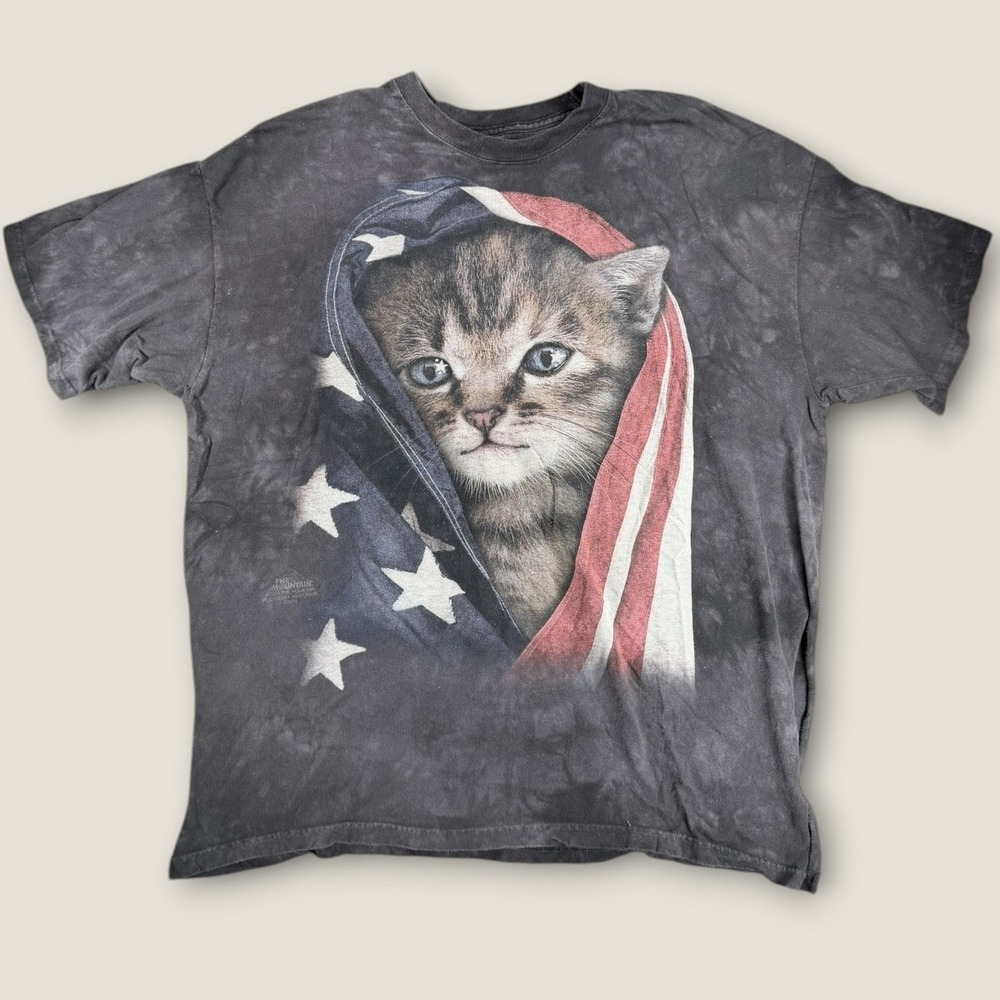 The Mountain Cat American Flag T-Shirt XL Tie Dye Gray Patriotic Kitten Tee